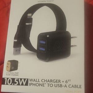 Black Wall Charger with 6ft iPhone to USB-A Cable